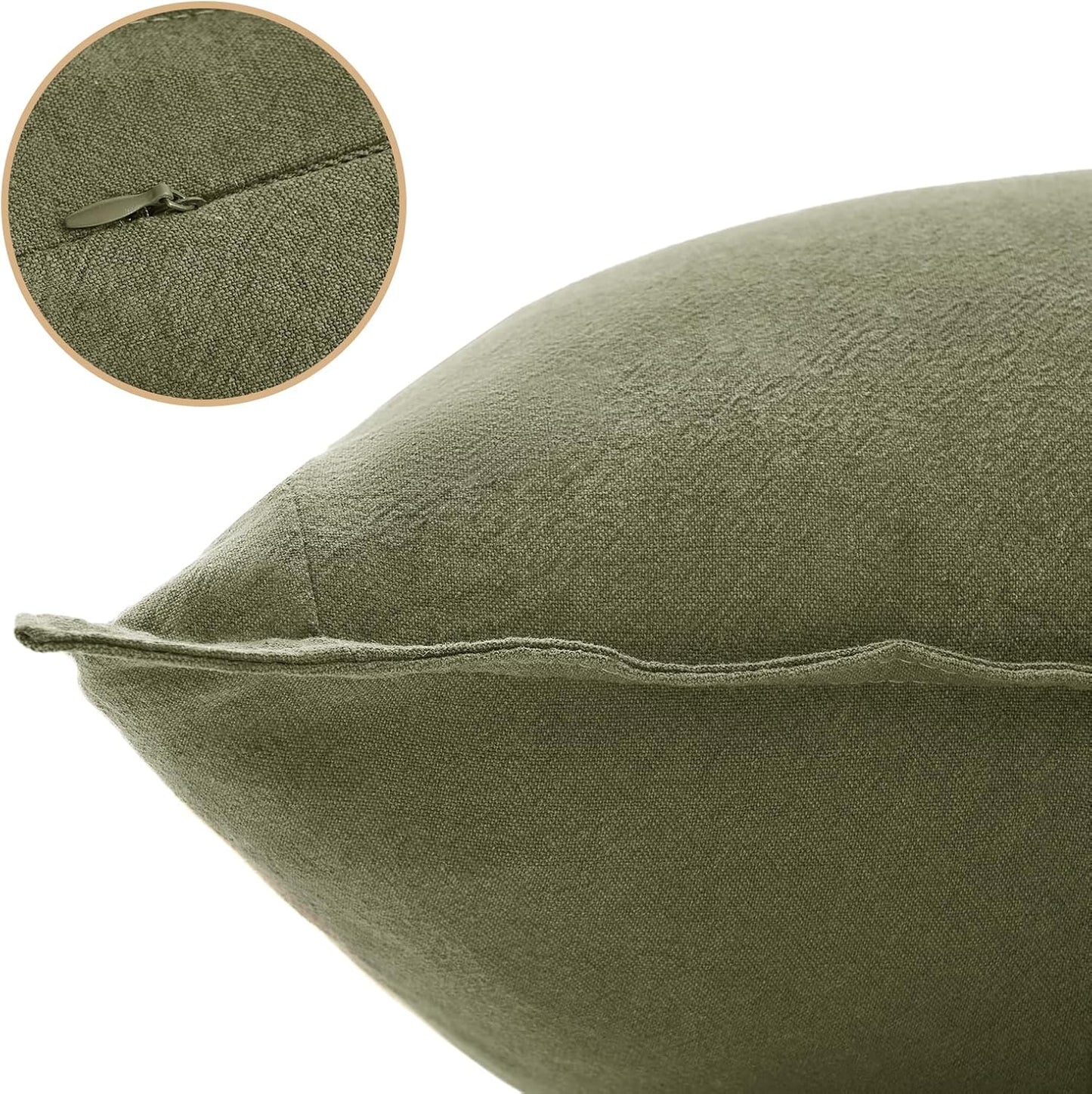 Linen Cushion Covers - 30% Linen 70% Cotton Blend, Soft & Breathable with Hidden Zipper Design - Olive Green, 30cm x 50cm (Twin Pack)