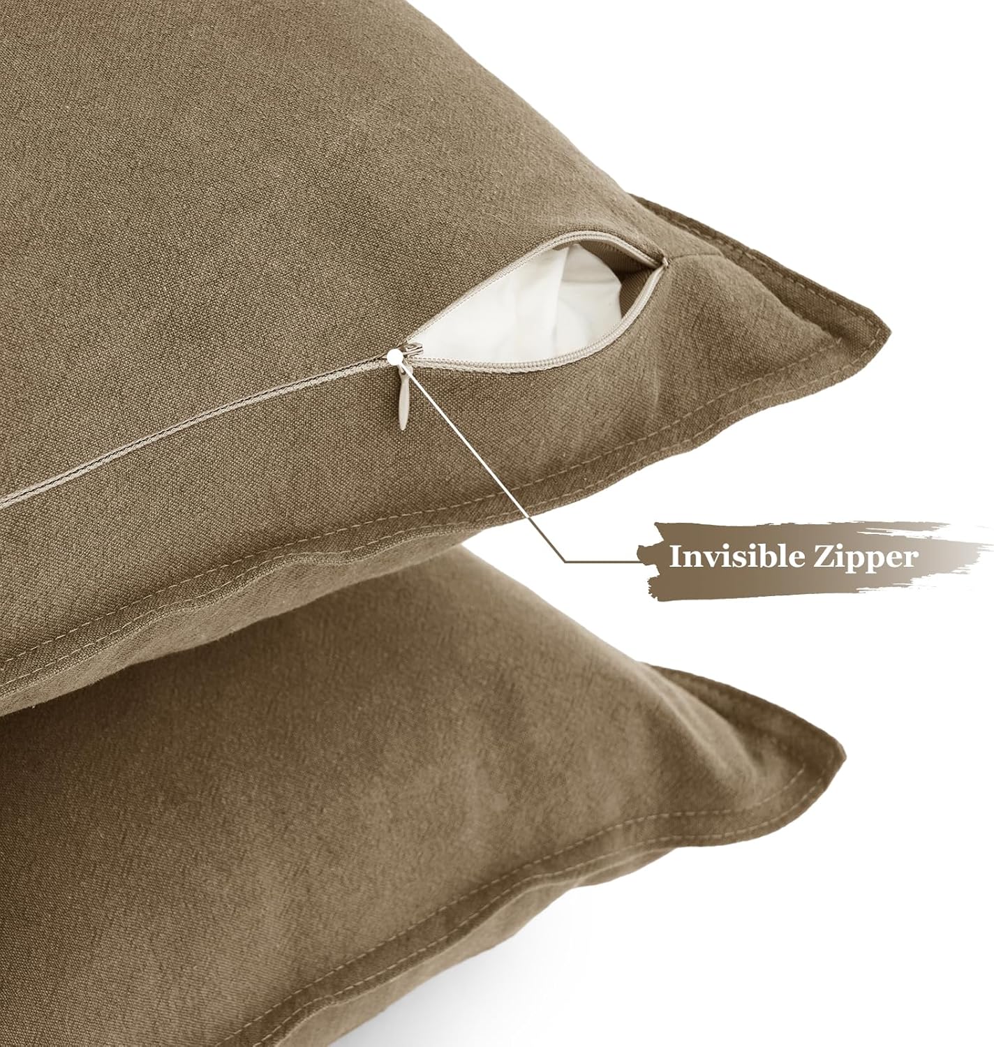 Linen Cushion Covers - 30% Linen 70% Cotton Blend, Soft & Breathable with Hidden Zipper Design - Tan, 45cm x 45cm (Twin Pack)