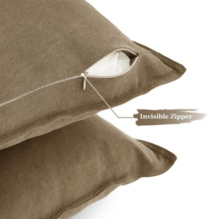Linen Cushion Covers - 30% Linen 70% Cotton Blend, Soft & Breathable with Hidden Zipper Design - Tan, 45cm x 45cm (Twin Pack)