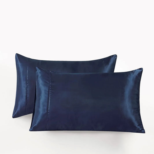 Satin Pillowcases - Silky Soft Polyester Satin with Zipper Closure - Navy Blue, 48cm x 73cm (Twin Pack) - Mekamart Australia