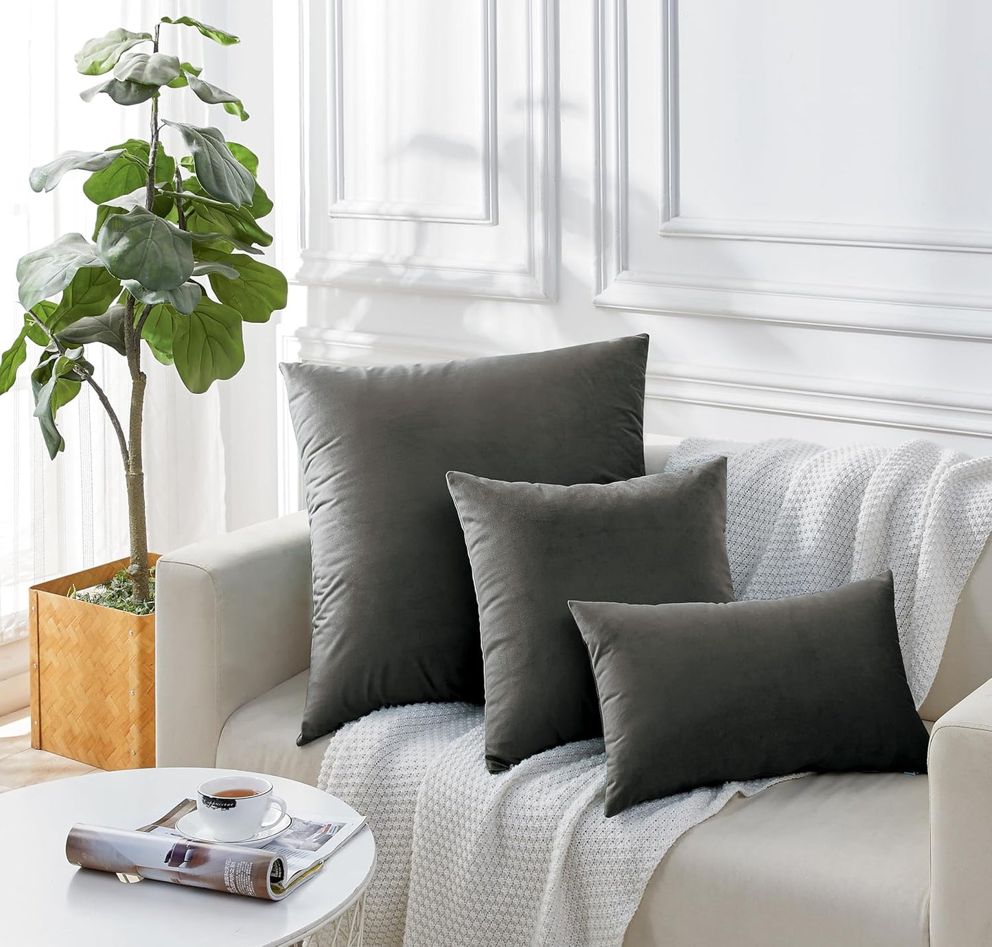 Twin-Pack Velvet Cushion Covers - Soft Microfibre Cushion Covers with Hidden Zipper (Dark Grey, 45cm*45cm)