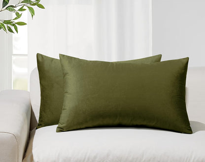 Twin-Pack Velvet Cushion Covers - Soft Microfibre Cushion Covers with Hidden Zipper (Olive Green, 30cm*50cm)