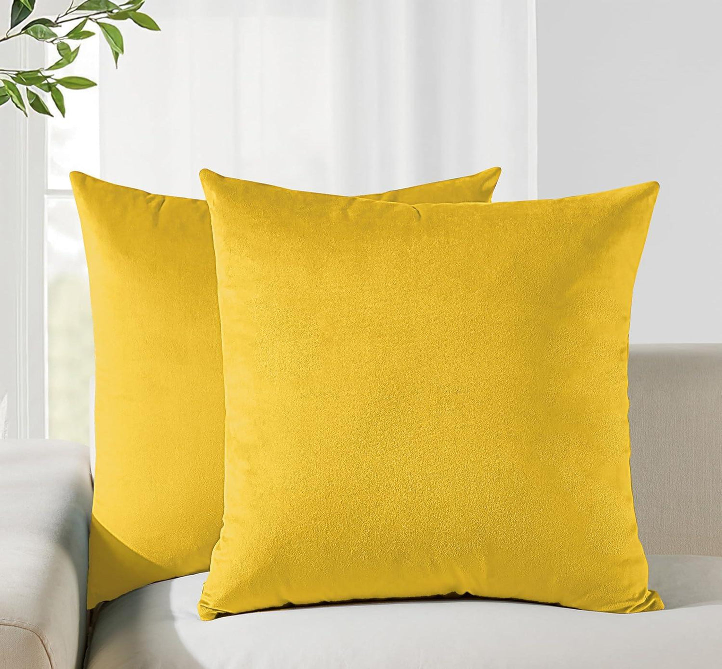 Twin-Pack Velvet Cushion Covers - Soft Microfibre Cushion Covers with Hidden Zipper (Yellow, 65cm*65cm)