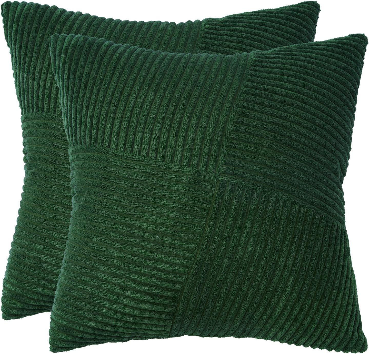 Corduroy Cushion Covers - Soft Velvet Fabric with Windmill-Inspired Pattern and Hidden Zipper Design - Forest Green, 45cm x 45cm (Twin Pack)