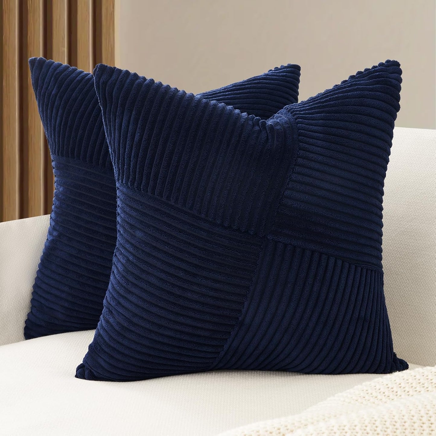Corduroy Cushion Covers - Soft Velvet Fabric with Windmill-Inspired Pattern and Hidden Zipper Design - Navy Blue, 45cm x 45cm (Twin Pack)