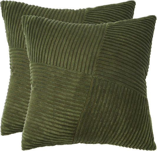 Corduroy Cushion Covers - Soft Velvet Fabric with Windmill-Inspired Pattern and Hidden Zipper Design - Olive Green, 45cm x 45cm (Twin Pack)