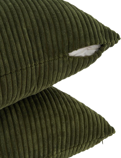 Corduroy Cushion Covers - Soft Velvet Fabric with Windmill-Inspired Pattern and Hidden Zipper Design - Olive Green, 45cm x 45cm (Twin Pack)