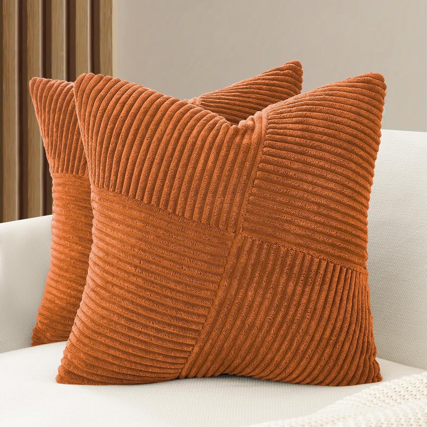 Corduroy Cushion Covers - Soft Velvet Fabric with Windmill-Inspired Pattern and Hidden Zipper Design - Terracotta, 45cm x 45cm (Twin Pack)