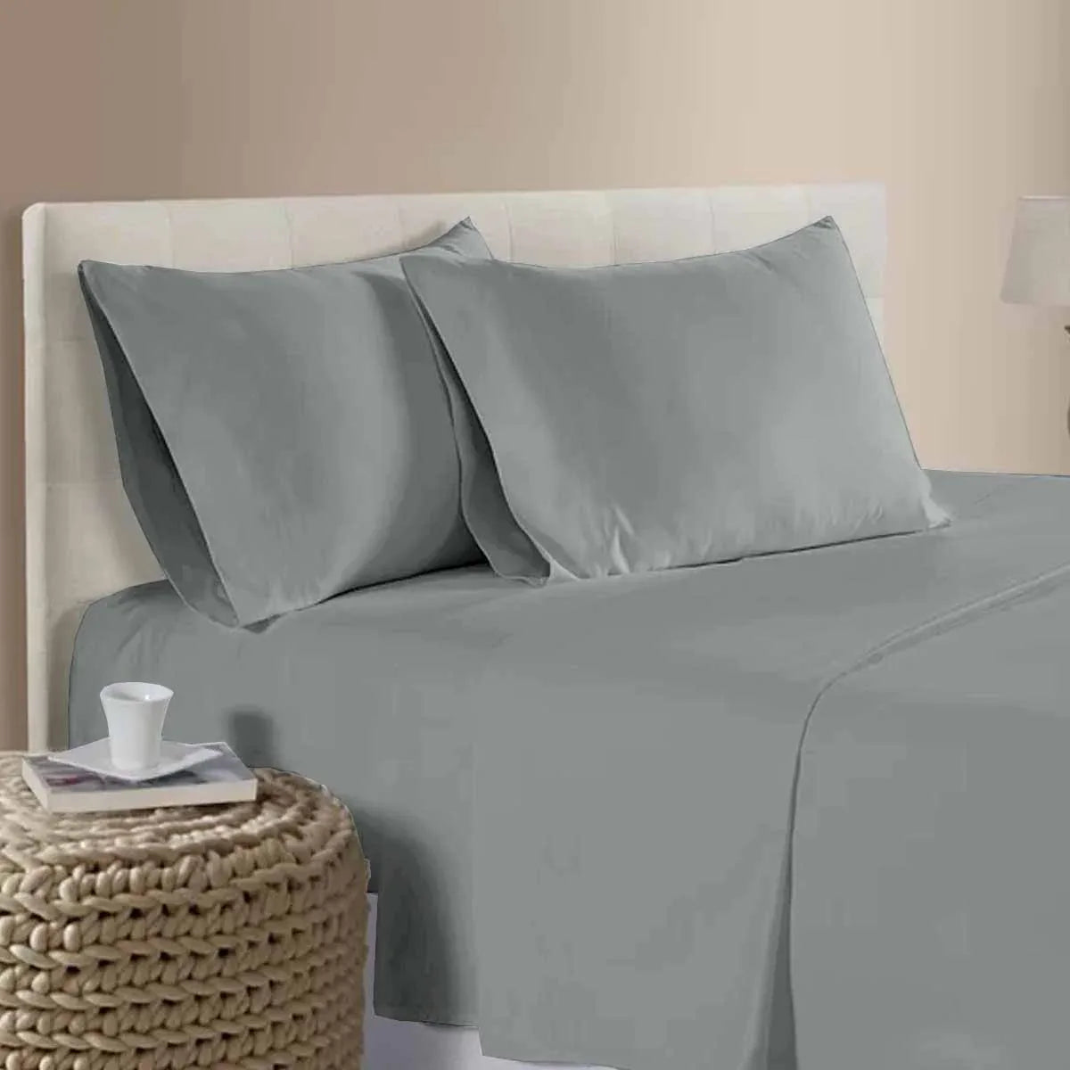 400TC 100% Cotton Sateen Premium Sheet Set 40cm Wall Grey Queen - Mekamart Australia