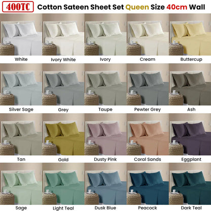 400TC 100% Cotton Sateen Premium Sheet Set 40cm Wall White Queen - Mekamart Australia