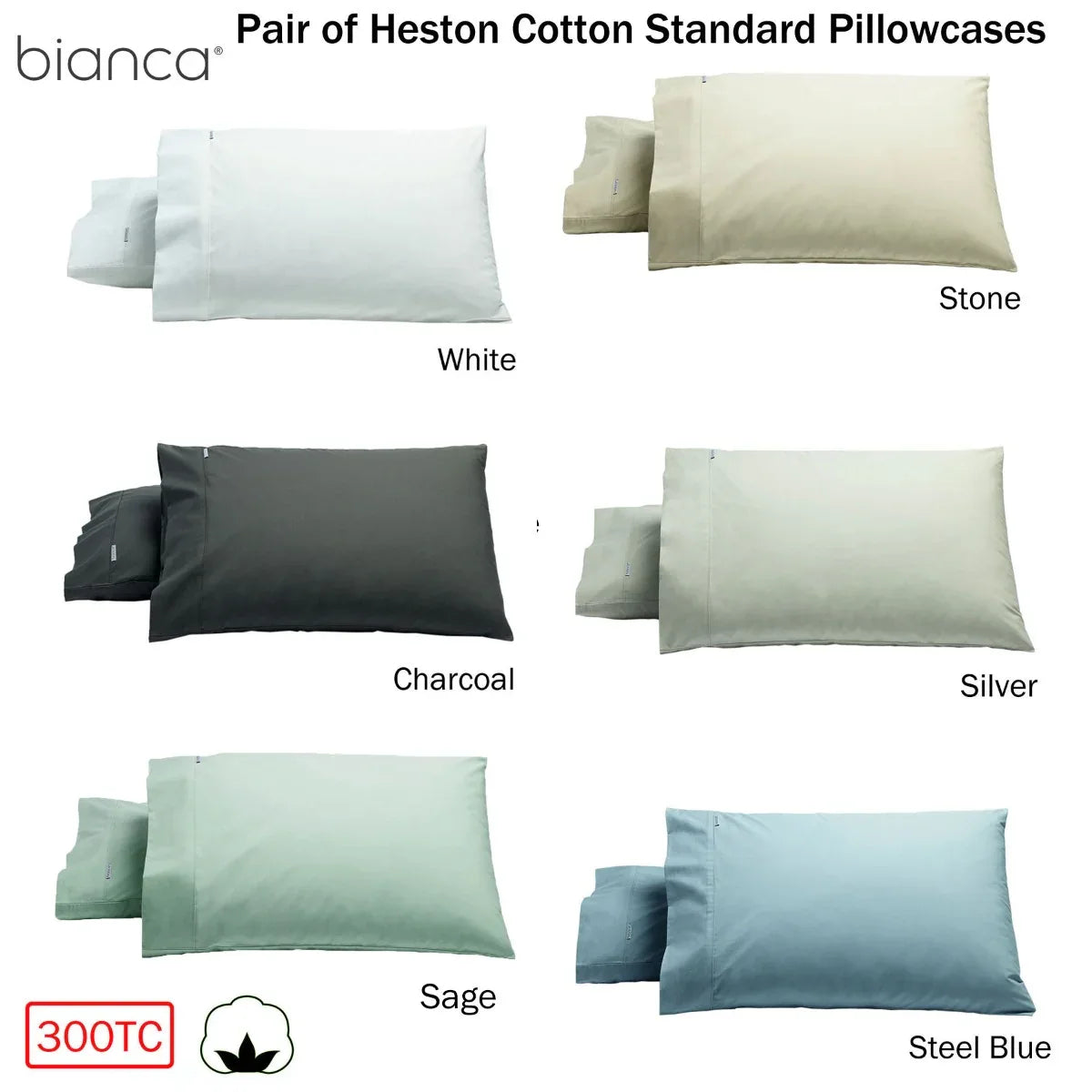Bianca Pair of Heston Cotton Percale Standard Pillowcases Stone - Mekamart Australia