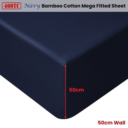 Accessorize Navy Bamboo Cotton Mega Fitted Sheet 50cm Wall King