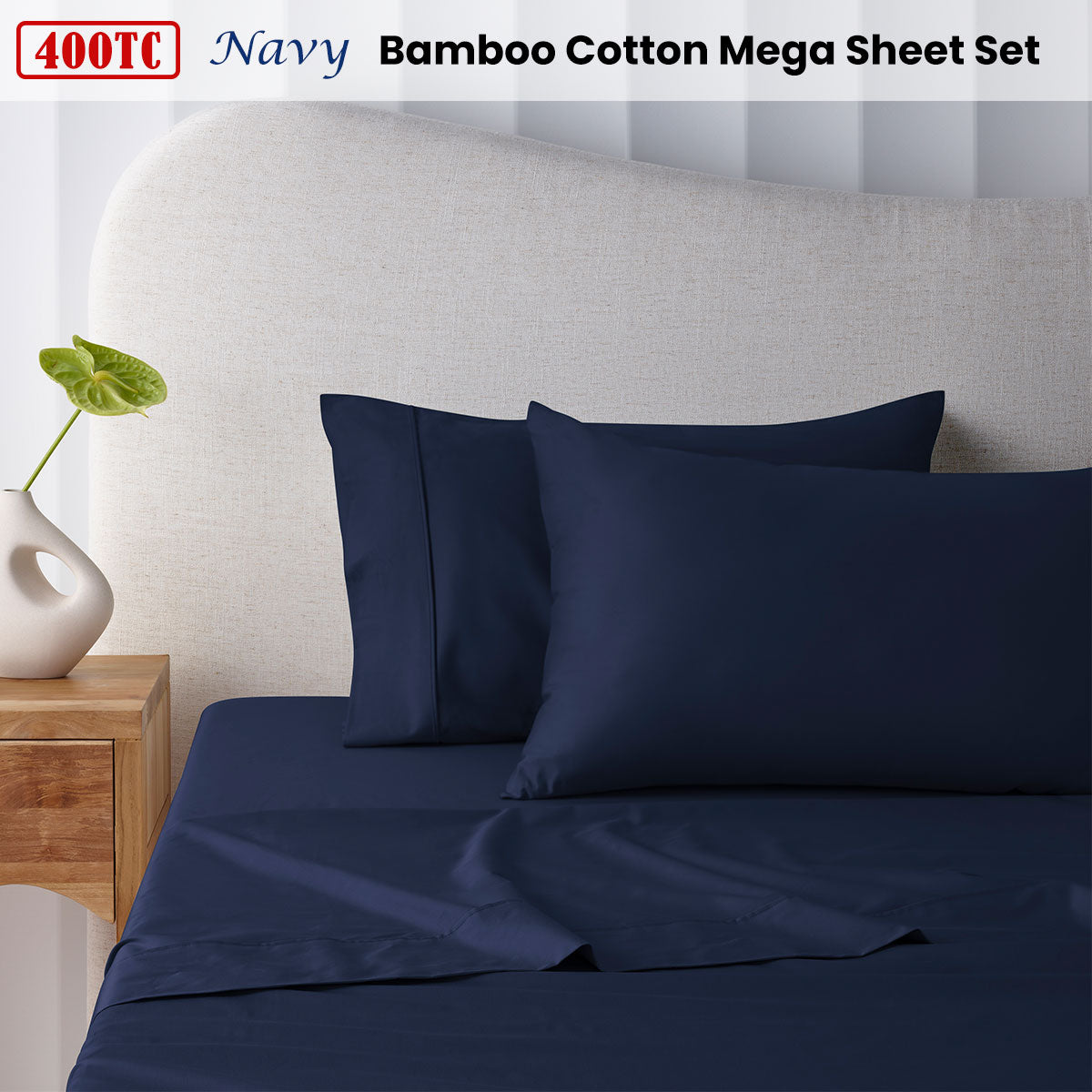 Accessorize 400TC Navy Bamboo Cotton Mega Sheet Set 50cm Wall Super King