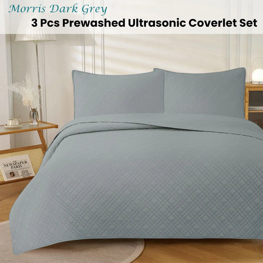 Jane Barrington Morris Dark Grey Ultrasonic Embossed Lightly Quilted Reversible Coverlet Set Queen - Mekamart Australia