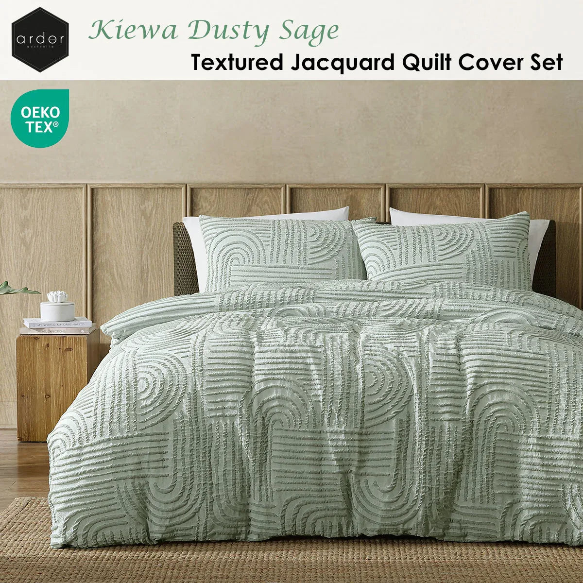 Ardor Kiewa Dusty Sage Textured Jacquard Aztec Quilt Cover Set King - Mekamart Australia