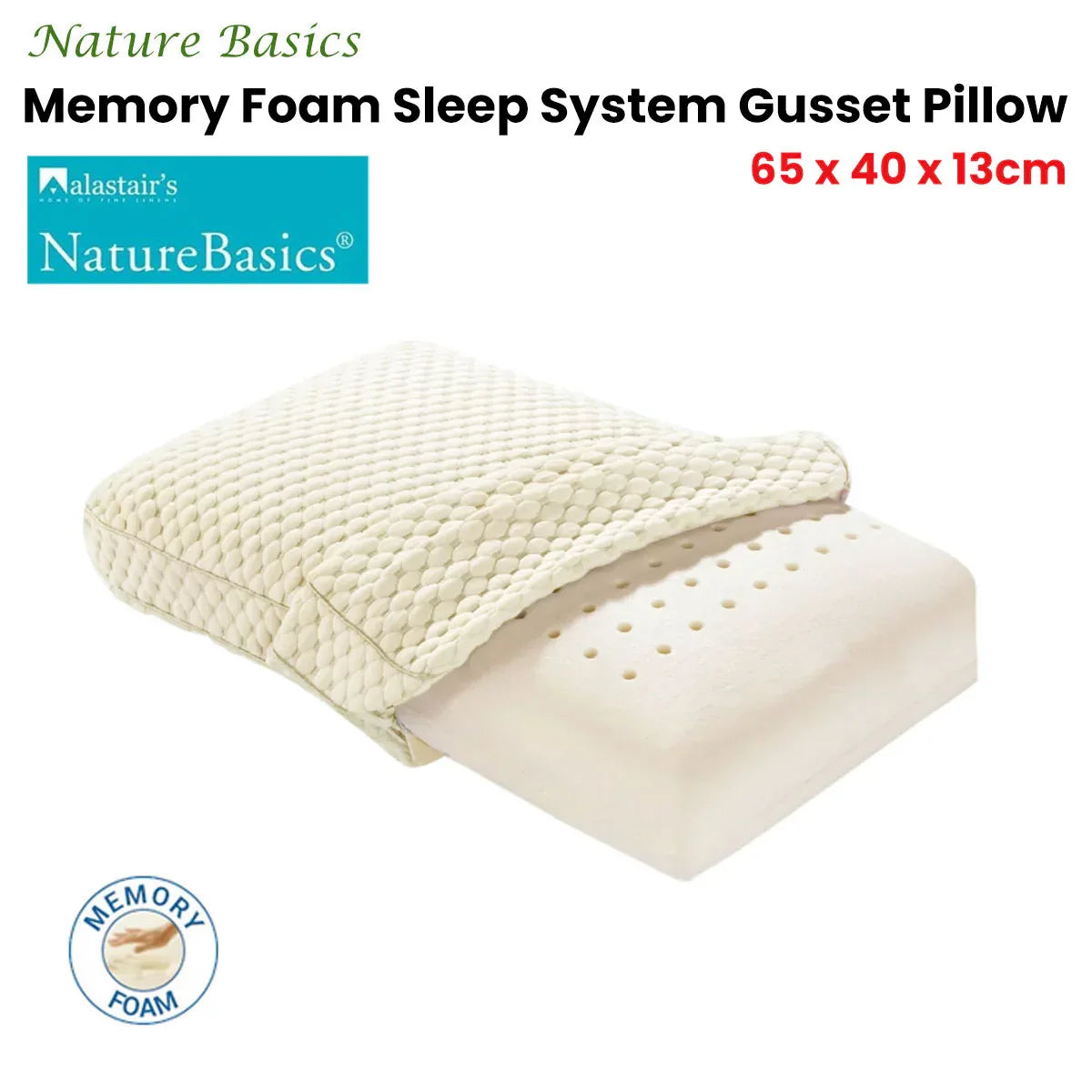 Alastairs Nature Basics Sleep System Memory Foam Gusset Pillow 65 x 40 x 13cm - Mekamart Australia