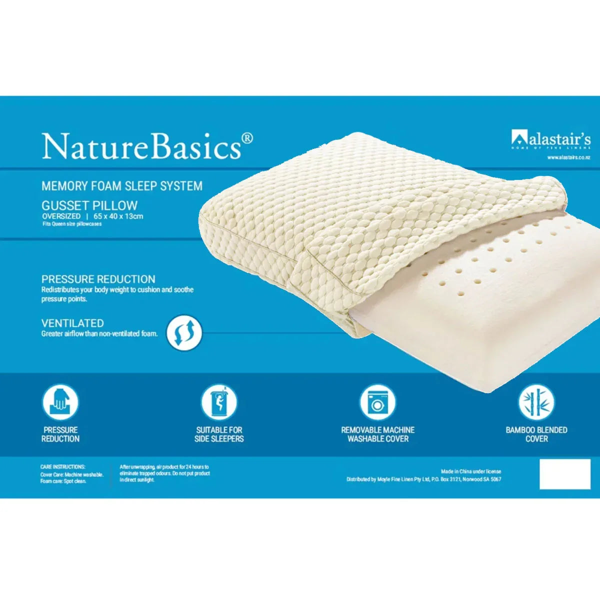 Alastairs Nature Basics Sleep System Memory Foam Gusset Pillow 65 x 40 x 13cm - Mekamart Australia