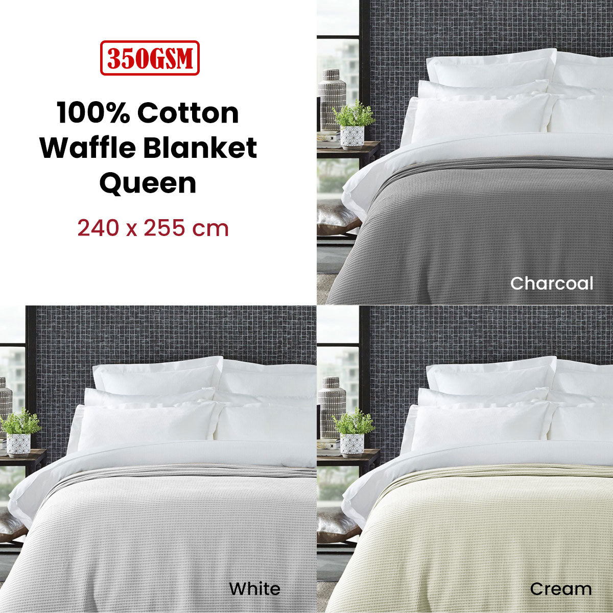 Living @ Home 350gsm 100% Cotton Breathable Waffle Blanket Queen 240 x 255 cm Cream