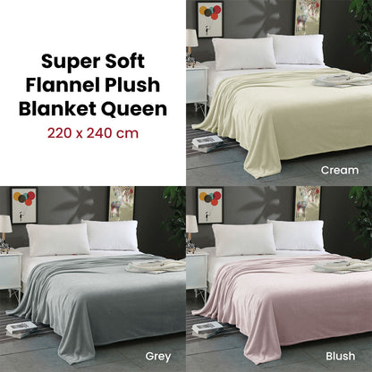 Super Soft Micro Flannel Plush Blanket Queen 220 x 240cm Grey