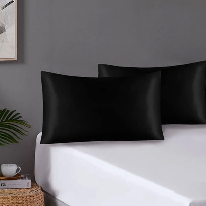 Pair of Standard Satin Silk Pillowcases with Envelope Closure 51 x 76 cm Black - Mekamart Australia