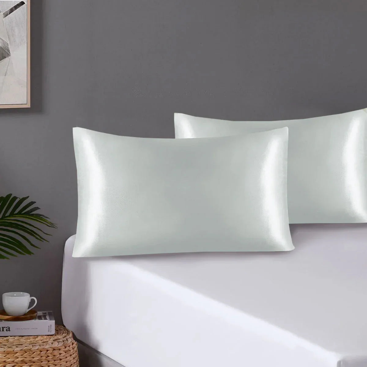 Pair of Standard Satin Silk Pillowcases with Envelope Closure 51 x 76 cm Grey - Mekamart Australia