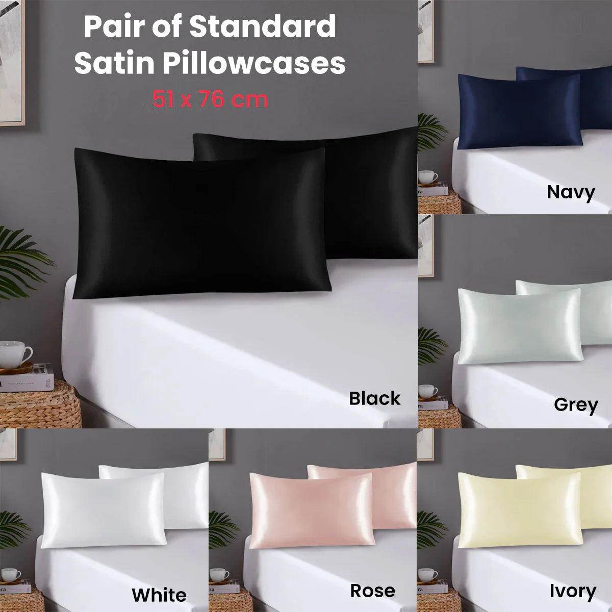 Pair of Standard Satin Silk Pillowcases with Envelope Closure 51 x 76 cm Grey - Mekamart Australia