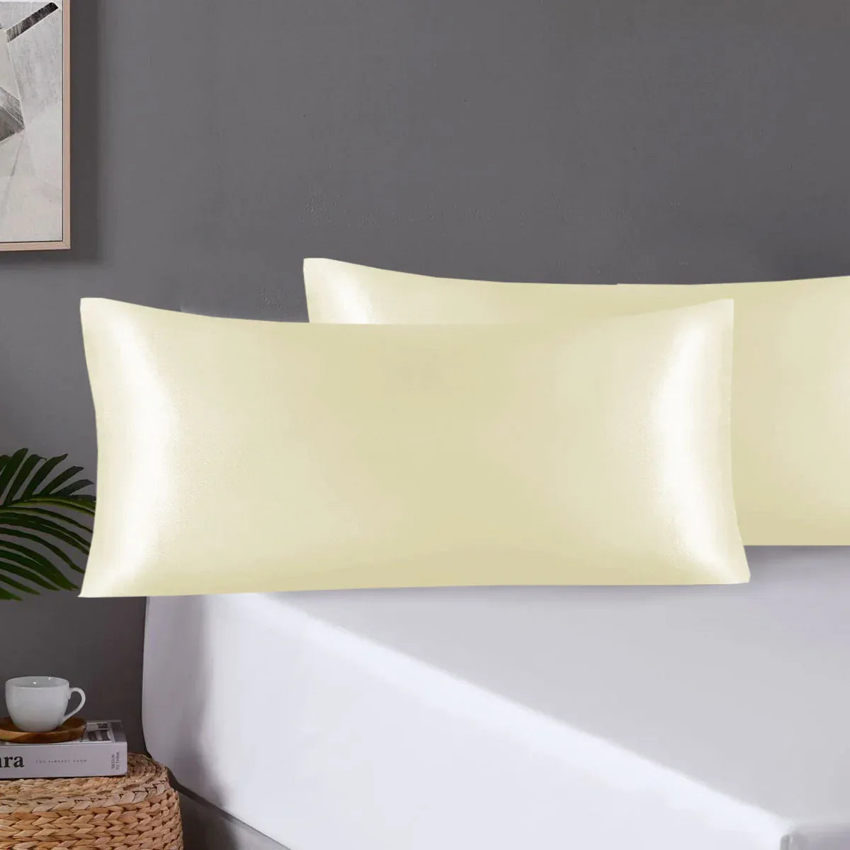 Pair of King Satin Silk Pillowcases with Envelope Closure 51 x 102 cm Ivory - Mekamart Australia