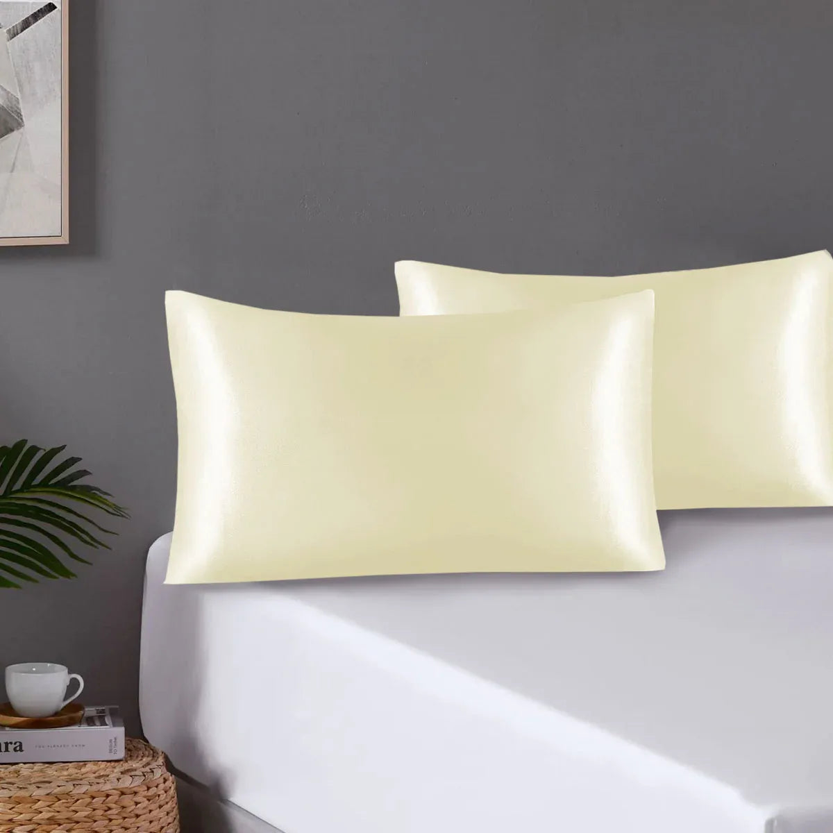 Pair of Standard Satin Silk Pillowcases with Envelope Closure 51 x 76 cm Ivory - Mekamart Australia