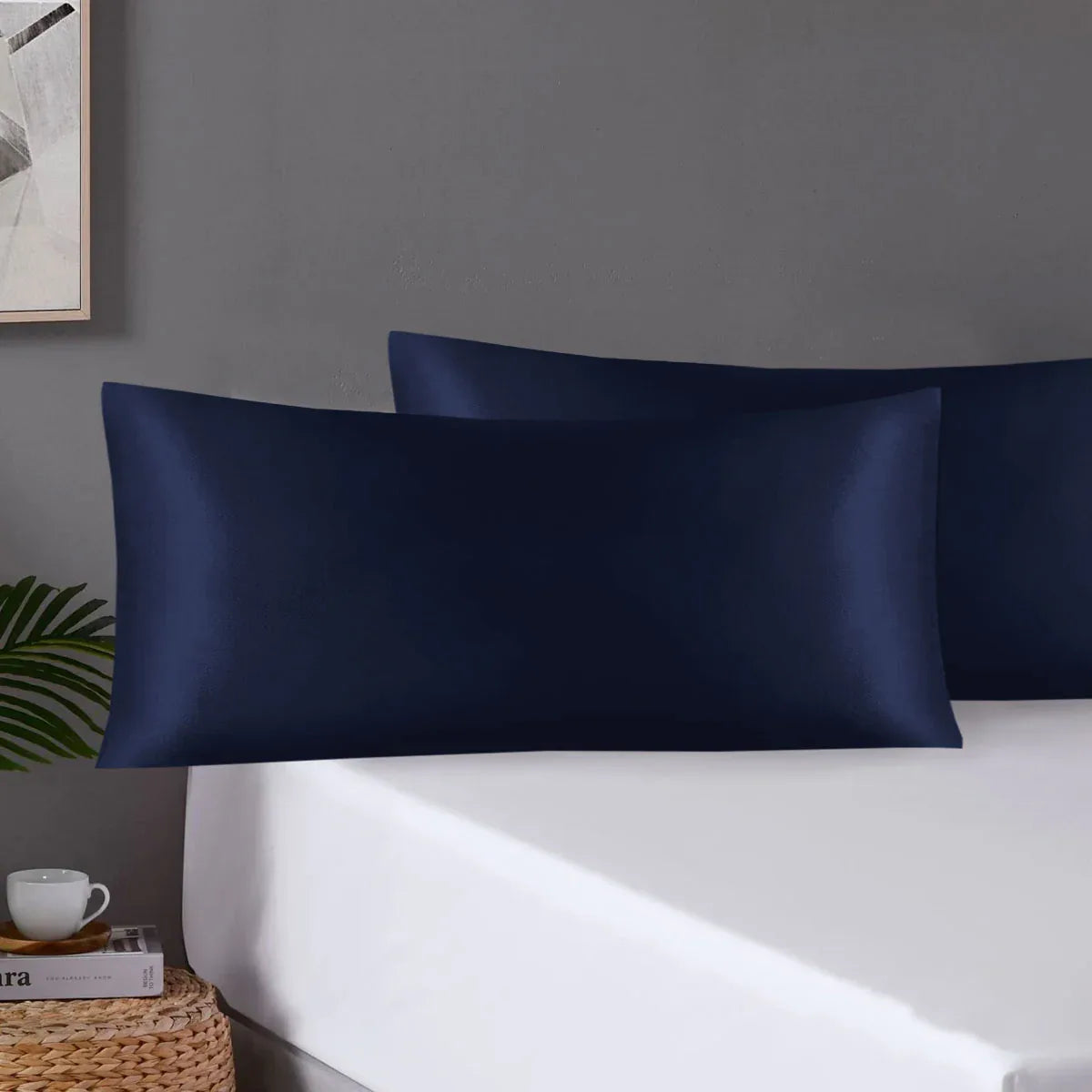 Pair of King Satin Silk Pillowcases with Envelope Closure 51 x 102 cm Navy - Mekamart Australia