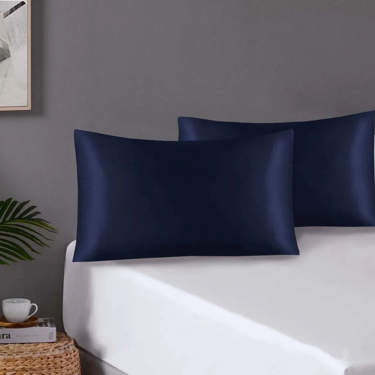 Pair of Standard Satin Silk Pillowcases with Envelope Closure 51 x 76 cm Navy - Mekamart Australia