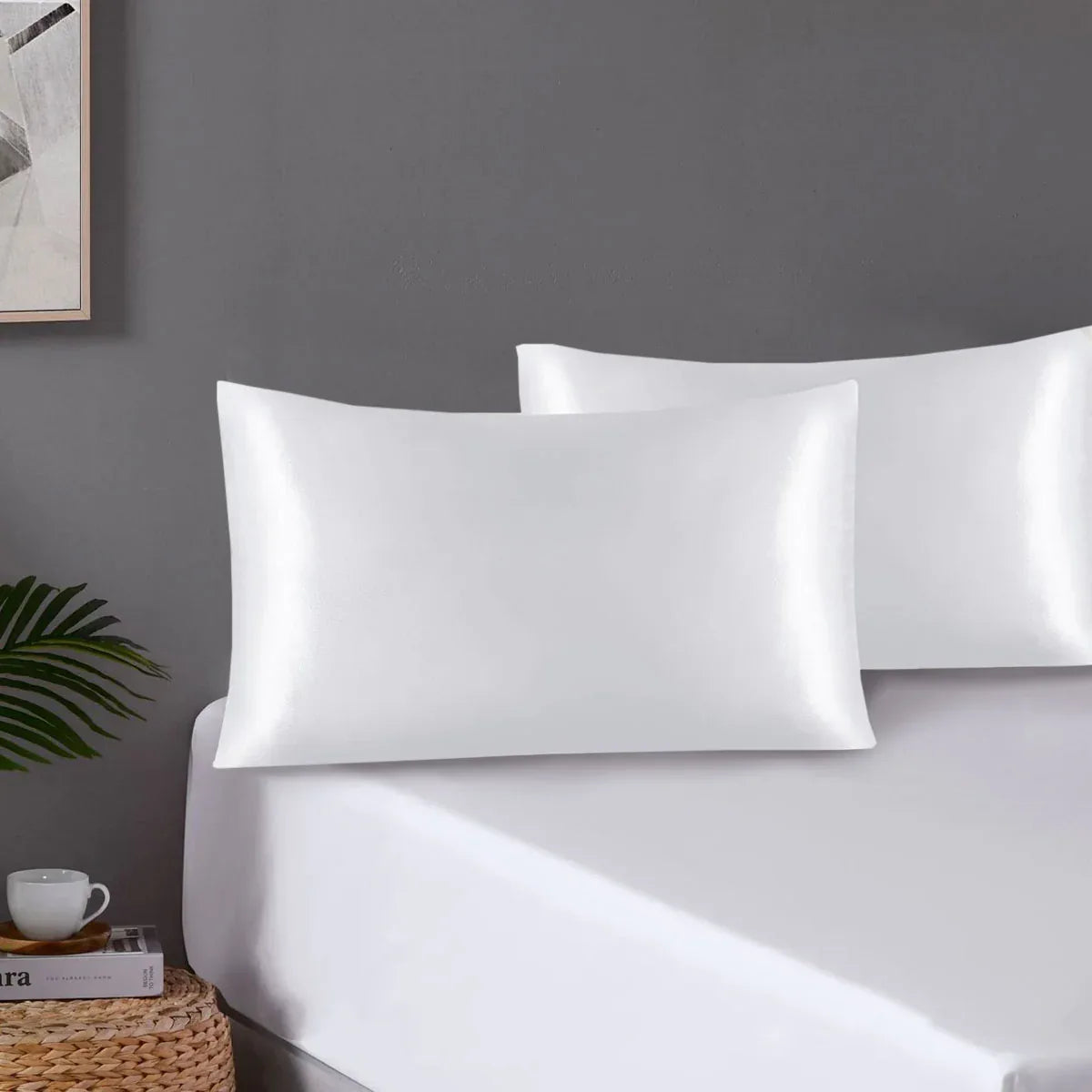 Pair of Standard Satin Silk Pillowcases with Envelope Closure 51 x 76 cm White - Mekamart Australia