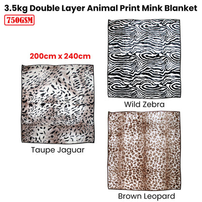 750gsm 3.5kg Double Layer Animal Print Faux Mink Blanket Queen 200x240 cm Wild Zebra