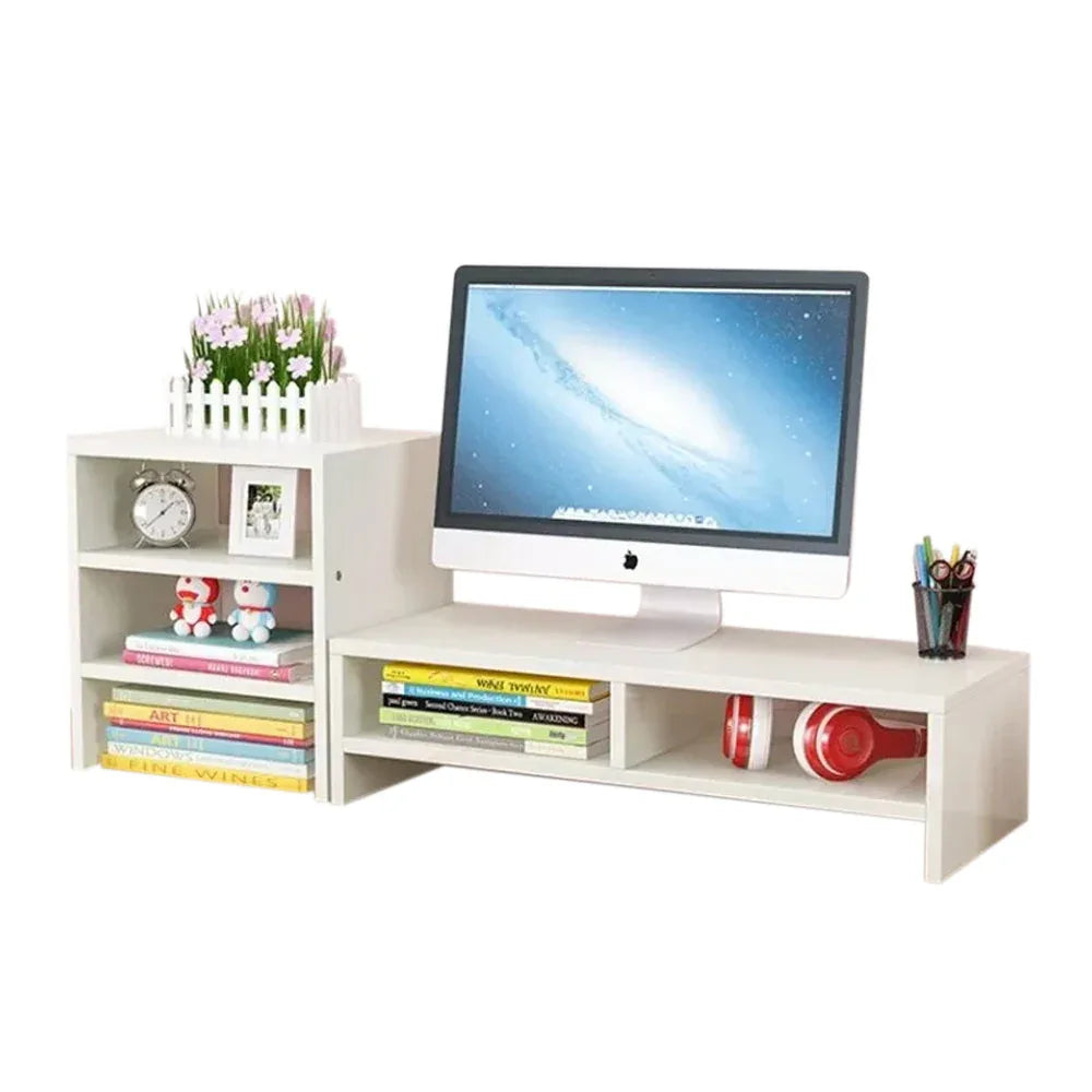 Wooden Desk Monitor Riser Stand With 3Tier Storage Shelves Desktop Bookshelf(White Wood(Style 02)) - Mekamart Australia