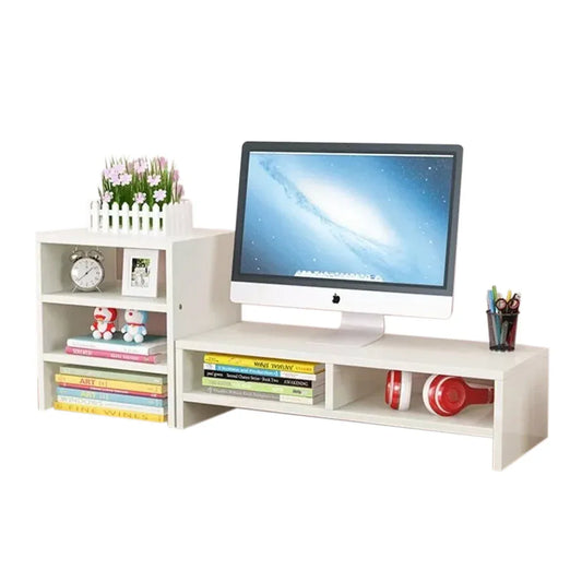 Wooden Desk Monitor Riser Stand With 3Tier Storage Shelves Desktop Bookshelf(White Wood(Style 02)) - Mekamart Australia