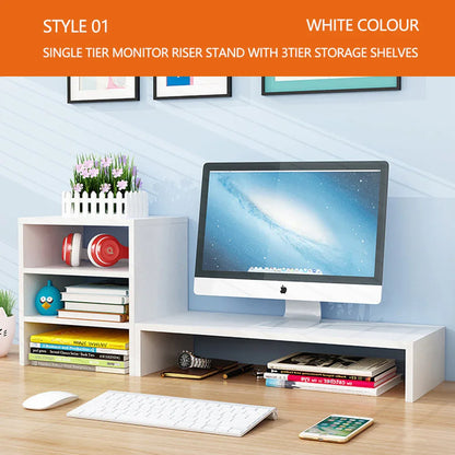 Wooden Desk Monitor Riser Stand With 3Tier Storage Shelves Desktop Bookshelf(White Wood(Style 02)) - Mekamart Australia