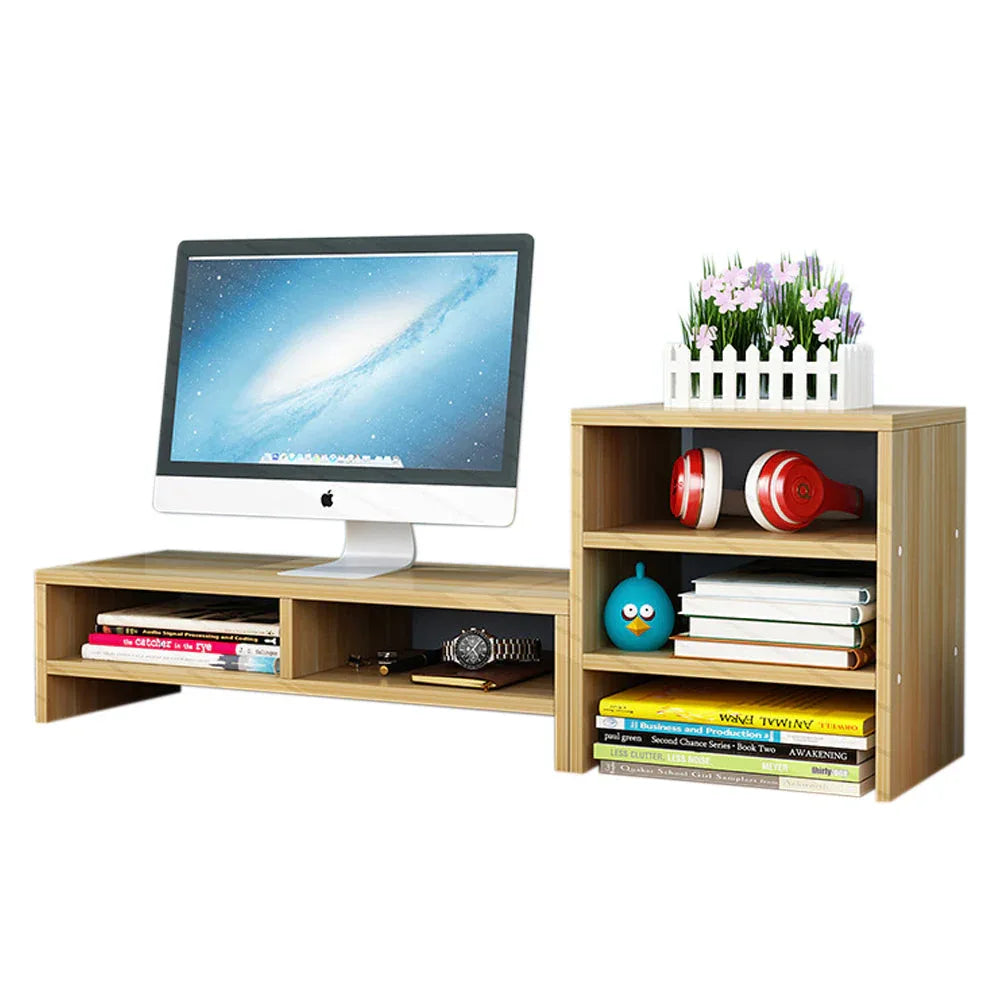 Wooden Desk Monitor Riser Stand With 3Tier Storage Shelves Desktop Bookshelf(Walnut Wood(Style 02)) - Mekamart Australia