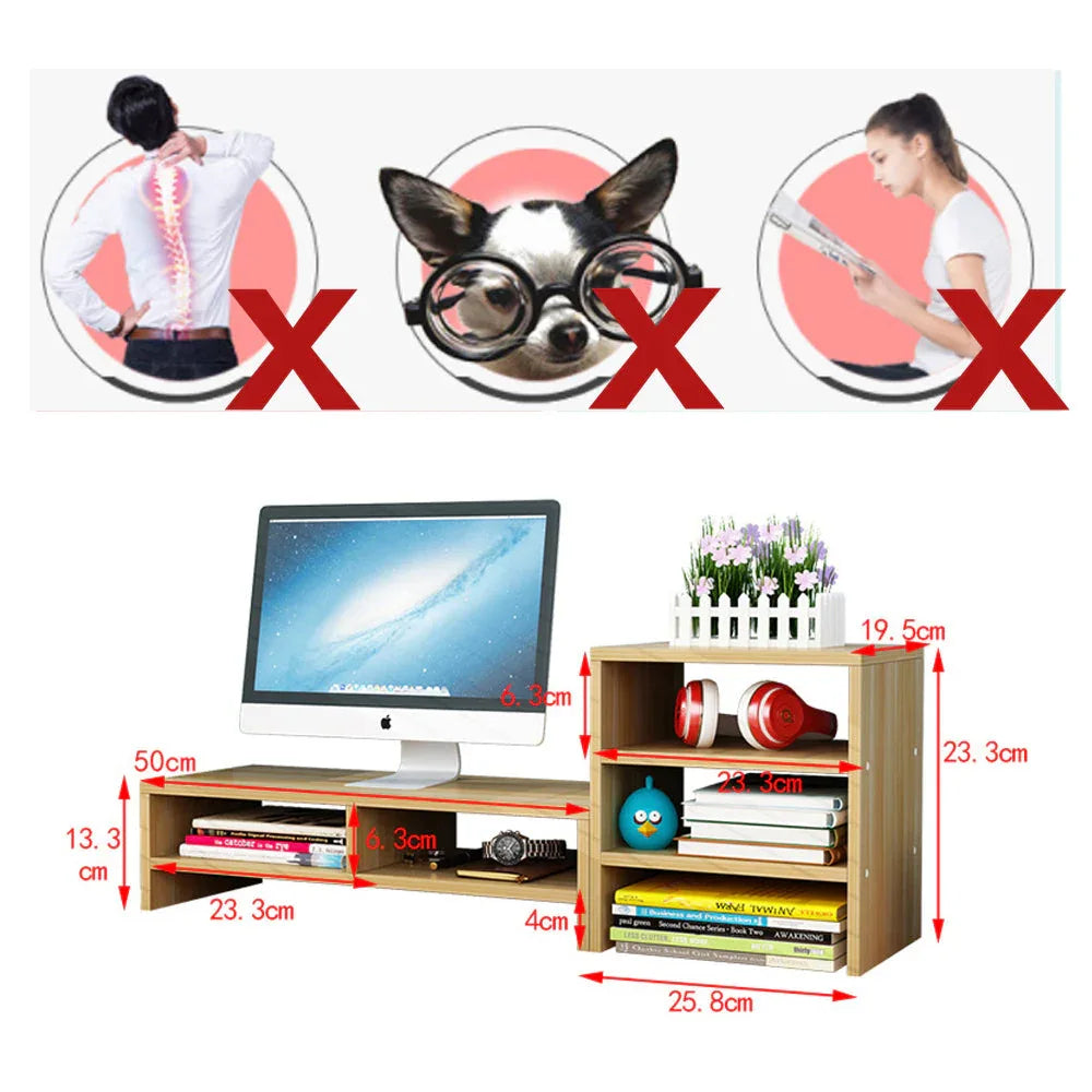 Wooden Desk Monitor Riser Stand With 3Tier Storage Shelves Desktop Bookshelf(Walnut Wood(Style 02)) - Mekamart Australia