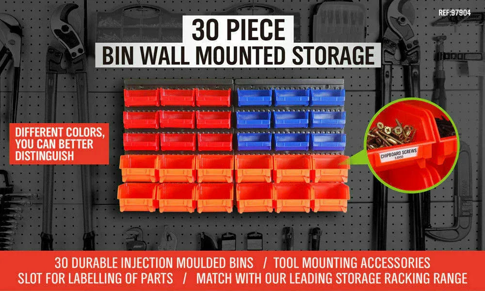 30 Bins Tool Storage Wall Mounted Organiser Parts Garage Workshop Box Heavy Duty - Mekamart Australia