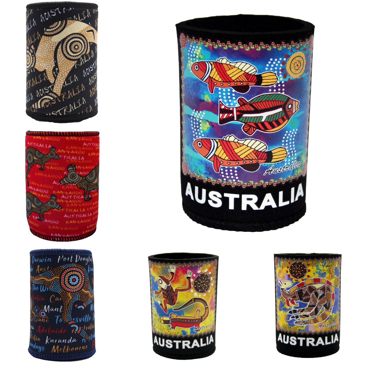 6x Australia Stubby Stubbie Holder Beer Bottle Tin Can Drink Alcohol Cooler Gift, Aboriginal Art