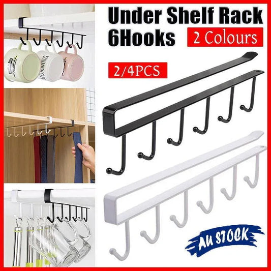 6Hook Mug Cup Rack Holder Under Shelf Kitchen Cabinet Hanger Organiser Wardrobe - Black