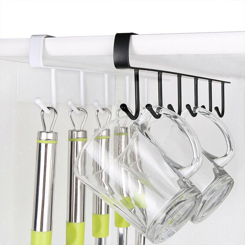 6Hook Mug Cup Rack Holder Under Shelf Kitchen Cabinet Hanger Organiser Wardrobe - Black