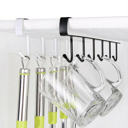 6Hook Mug Cup Rack Holder Under Shelf Kitchen Cabinet Hanger Organiser Wardrobe - Black