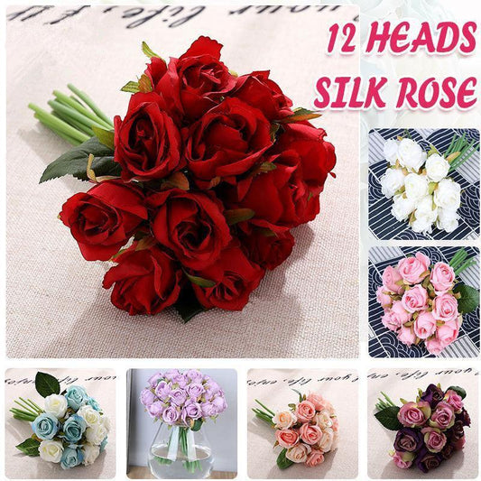 12 Heads Silk Rose Artificial Flowers Fake Bouquet - White