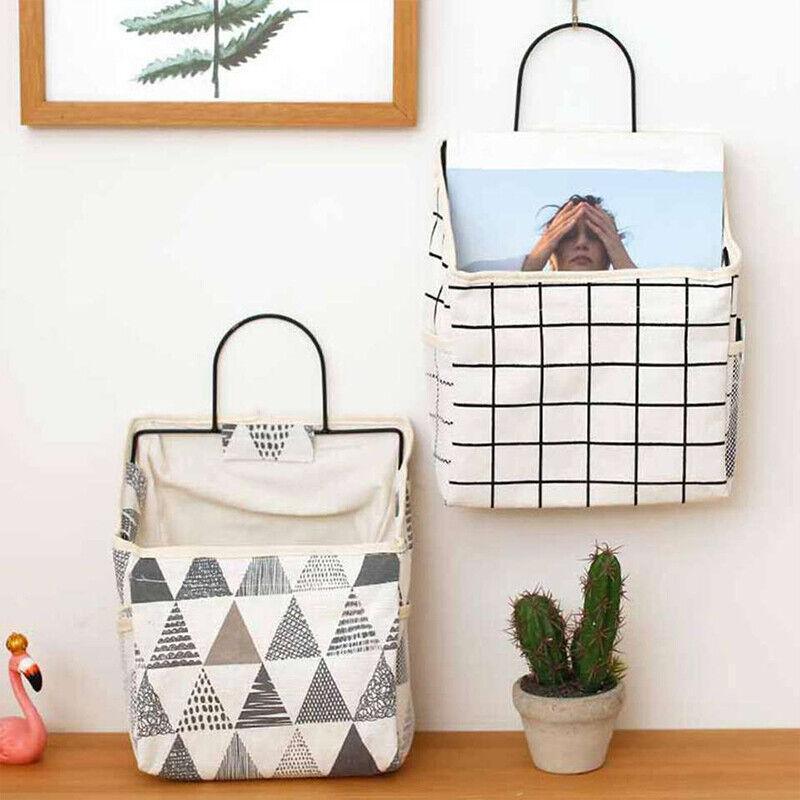 Wall Hanging Storage Bag Home Wardrobe Organiser Pouch Book Holder Phone Pocket - Grey Triangle
