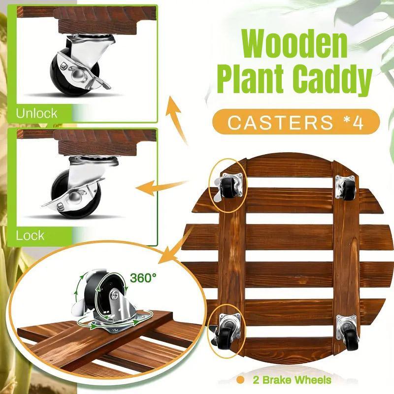 Wooden Round Universal Wheel Planter Base Tray Mobile Planter Stand for Garden