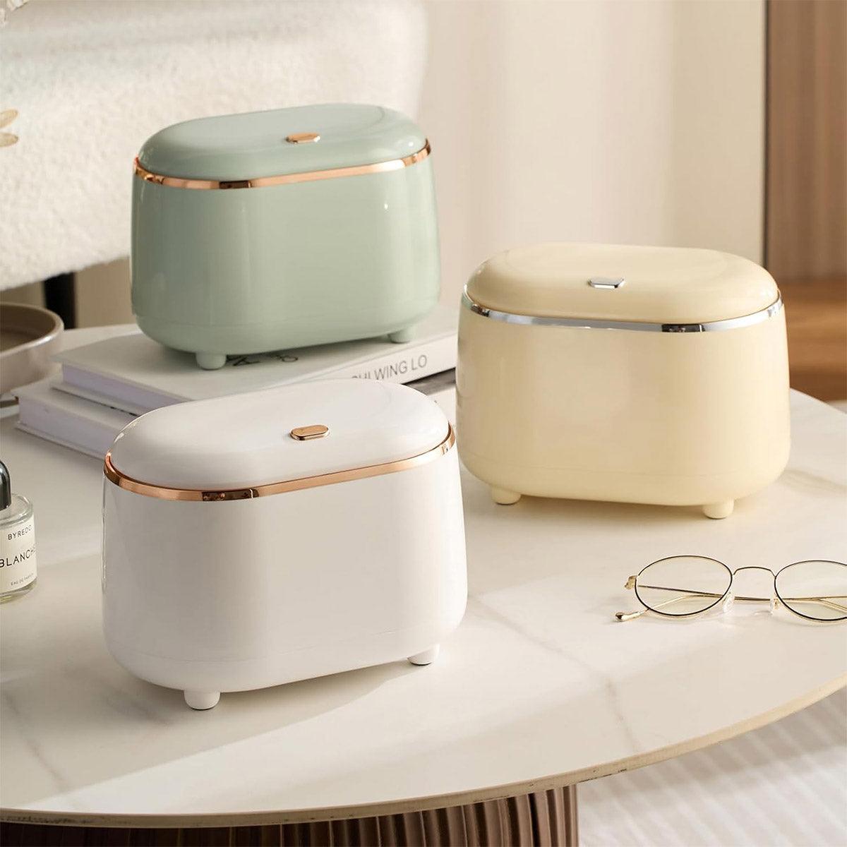 Small Desktop Trash Can Oval Pop Up Lid Rubbish Bin Waste Organizer Container - Green