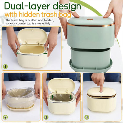 Small Desktop Trash Can Oval Pop Up Lid Rubbish Bin Waste Organizer Container - Green