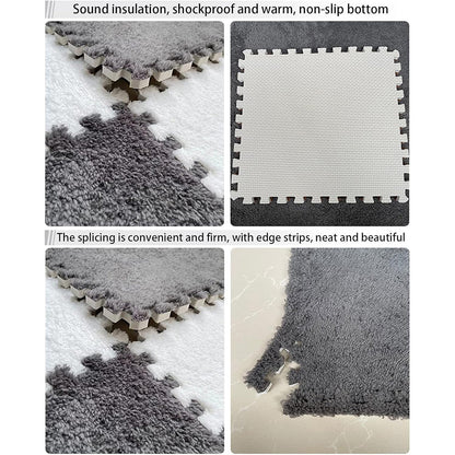 Foam Floor Mats Set 10PCS Shaggy Interlocking Tiles Soft for Kids Room Play Area - Camel-White