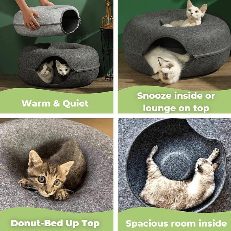 Felt Cat Tunnel Bed Donut Cave Nest for Kittens and Small Pets 50x30cm - Light Grey