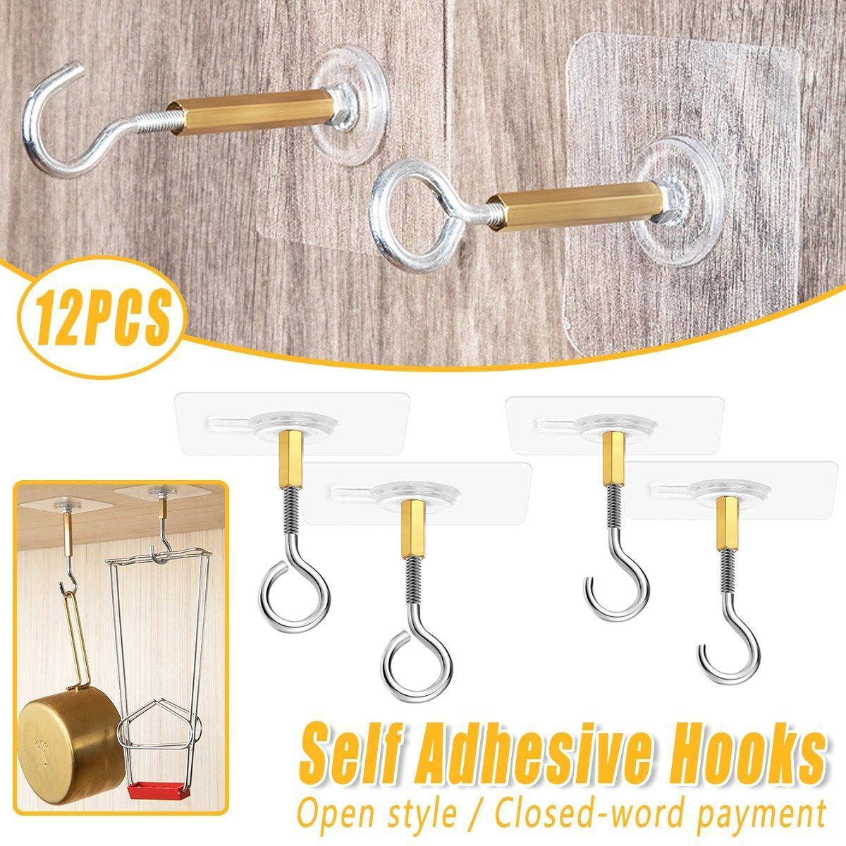 12 PCS Heavy Duty Self Adhesive Hooks Stainless Steel Ceiling Hooks for Home - Closed - Mekamart Australia